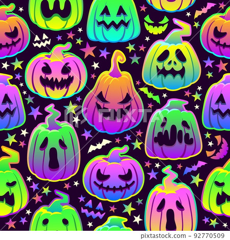 Neon pumpkin pattern. Halloween pumpkins seamless background, multicolor scary ghost faces prints fall season celebration, spooky funny jack lantern, ingenious vector illustration 92770509