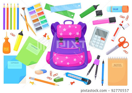 Schoolbag supplies. Innovative school stationery kids learning, itemized object tiny accessories cartoon satchel paint stationary calculator paper pencil, neat vector illustration Schoolbag supplies. Innovative school stationery kids learning, itemized object tiny accessories cartoon satchel paint stationary calculator paper pencil, neat vector illustration 92770557
