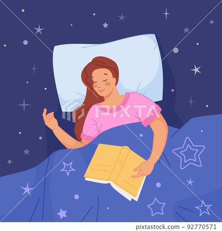 Woman sleep with book. Girl peaceful sleeping after reading books, asleep lady slumber beautiful dreams under comfort bedding duvet, morning dreamer character vector illustration 92770571