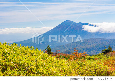 Japan's 100 Famous Mountains Hachimantai in autumn with autumn foliage shining in the grass View of Mt. Iwate from Mikaeri Pass Japan's 100 Famous Mountains Hachimantai in autumn with autumn foliage shining in the grass View of Mt. Iwate from Mikaeri Pass 92771306