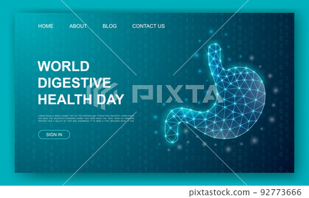 Stomach 3d polygonal website template. Digestive system design illustration concept. Low poly Organ symbol for homepage, promotion banner design. 92773666