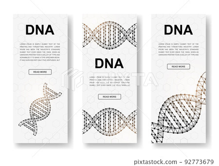 Set of three DNA spiral polygonal vertical banners. 3d Genetic helix low poly symbols with connected dots. Vertical illustration for homepage design. 92773679