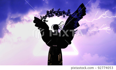 Ukrainian spirit - Berehynia on lightning storm sky background. Maidan Nezalezhnosti. Monument of 92774053