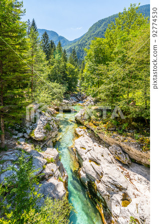 Clear water of Soca River at Small Soca Gorge Clear water of Soca River at Small Soca Gorge 92774530