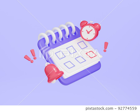 Calendar with clock and bell 3d render. Purple... - Stock Illustration ...