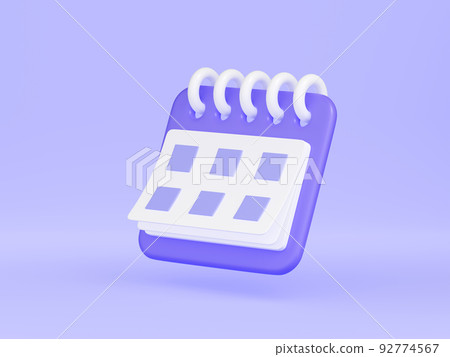 Calendar with date 3d render illustration. Purple floating organizer with rings and week lined up. 92774567