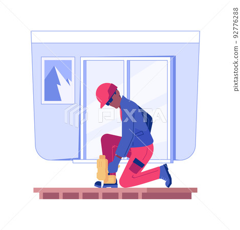 Fasten floor underlayment isolated concept vector illustration. Repairman with a drill installing a floor, wooden parquet, rough interior works, residential construction vector concept. 92776288