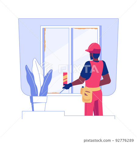 Insulating windows isolated concept vector illustration. Contractor spraying foam sealant on a new window, interior works, private house building, residential construction vector concept. 92776289