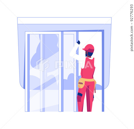 Sliding doors installation isolated concept vector illustration. Repairman installing a sliding door in new apartments, house building, residential construction, interior works vector concept. 92776293