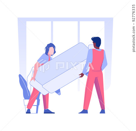 Furniture placing isolated concept vector illustration. Full service movers deals with sofa placing, delivery service, real estate business, packages transportation vector concept. Furniture placing isolated concept vector illustration. Full service movers deals with sofa placing, delivery service, real estate business, packages transportation vector concept. 92776335