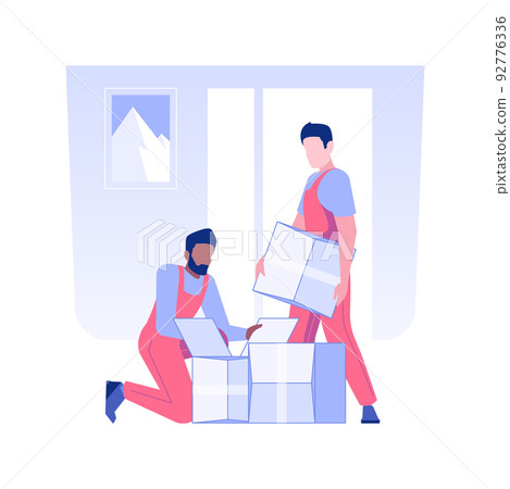 Unpacking belongings isolated concept vector illustration. Full service movers provide unpacking of boxes together, real estate business, couriers delivery services vector concept. Unpacking belongings isolated concept vector illustration. Full service movers provide unpacking of boxes together, real estate business, couriers delivery services vector concept. 92776336