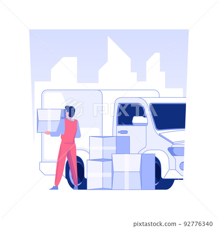 Truck loading isolated concept vector illustration. Full service movers unloading belongings from truck, real estate business, packages transportation, courier services vector concept. Truck loading isolated concept vector illustration. Full service movers unloading belongings from truck, real estate business, packages transportation, courier services vector concept. 92776340