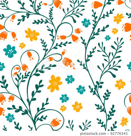 Floral twig seamless pattern design. Seamless pattern of twigs and flowers. Vector illustration. Fabric graphic design. Fresh grass twig branches pattern background. Floral twig seamless pattern design. Seamless pattern of twigs and flowers. Vector illustration. Fabric graphic design. Fresh grass twig branches pattern background. 92776341