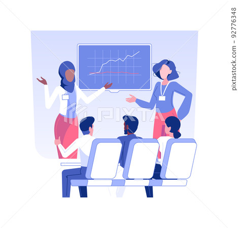 Business presentation isolated concept vector illustration. Group of worldwide business people listening colleagues presentation, international working travel, chart on screen vector concept. Business presentation isolated concept vector illustration. Group of worldwide business people listening colleagues presentation, international working travel, chart on screen vector concept. 92776348
