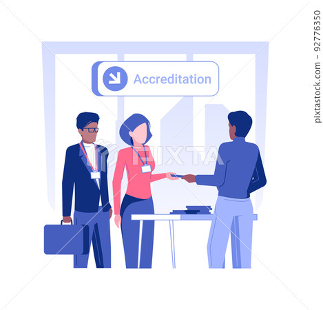 Conference accreditation isolated concept vector illustration. Group of diverse people at international business conference, getting badges, negotiation with partners vector concept. Conference accreditation isolated concept vector illustration. Group of diverse people at international business conference, getting badges, negotiation with partners vector concept. 92776350