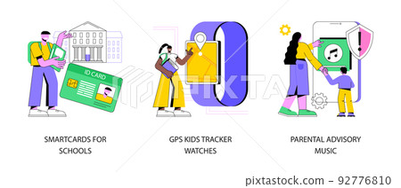 Child security abstract concept vector illustration set. Smartcards for schools, GPS kids tracker watches, parental advisory music, school attendance system, parental control abstract metaphor. Child security abstract concept vector illustration set. Smartcards for schools, GPS kids tracker watches, parental advisory music, school attendance system, parental control abstract metaphor. 92776810