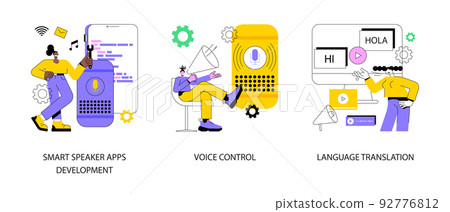 Voice assistant abstract concept vector illustration set. Smart speaker apps development, voice control, language translation, speech recognition software technology, hands-free abstract metaphor. Voice assistant abstract concept vector illustration set. Smart speaker apps development, voice control, language translation, speech recognition software technology, hands-free abstract metaphor. 92776812