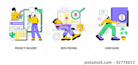 Customer experience abstract concept vector illustration set. Project delivery, beta testing, user guide, software development, new product launch, technical guide, helpdesk abstract metaphor. 92776813