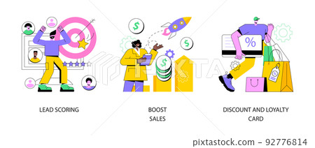 Customer engagement abstract concept vector illustration set. Lead management, boost sales plan, discount and loyalty card, customer service, digital marketing strategy, promo abstract metaphor. Customer engagement abstract concept vector illustration set. Lead management, boost sales plan, discount and loyalty card, customer service, digital marketing strategy, promo abstract metaphor. 92776814