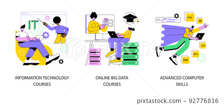 IT specialist training abstract concept vector illustration set. Information technology courses, online big data degree program, advanced computer skills, data and web programming abstract metaphor. IT specialist training abstract concept vector illustration set. Information technology courses, online big data degree program, advanced computer skills, data and web programming abstract metaphor. 92776816