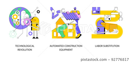 Modern innovation abstract concept vector illustration set. Technological revolution, automated construction equipment, labor substitution, smart machinery, robotics process abstract metaphor. Modern innovation abstract concept vector illustration set. Technological revolution, automated construction equipment, labor substitution, smart machinery, robotics process abstract metaphor. 92776817