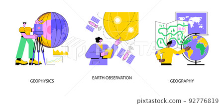 Planetary science abstract concept vector illustration set. Geophysics survey, earth observation and space engineering, world geography, university course, cartography abstract metaphor. 92776819