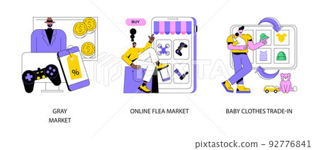 Second hand trade abstract concept vector illustration set. Gray market, online flea market, baby clothes trade-in, used goods, resale shop, vintage marketplace, antique auction abstract metaphor. Second hand trade abstract concept vector illustration set. Gray market, online flea market, baby clothes trade-in, used goods, resale shop, vintage marketplace, antique auction abstract metaphor. 92776841