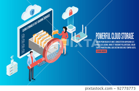 3D isometric Powerful cloud storage, data center, file management concept with administrator team working on cloud. Vector illustration eps10 92778773
