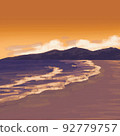 Seaside, sandy beach and mountains in the evening 92779757
