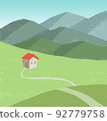 High mountains, meadows and houses with red roofs 92779758