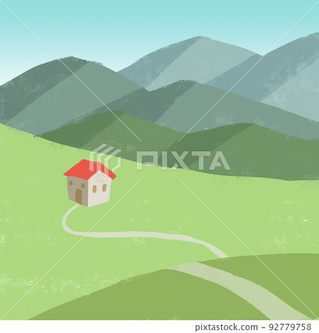 High mountains, meadows and houses with red roofs 92779758