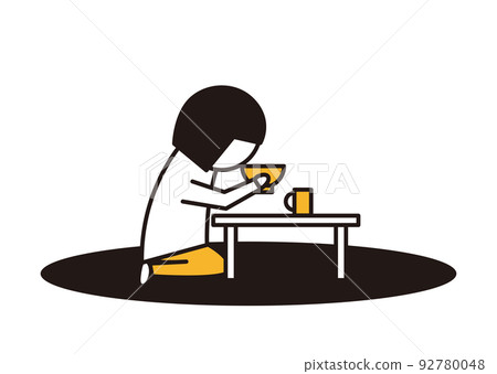 Girl eating alone_line drawing illustration_black and yellow 92780048