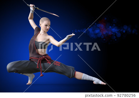 一位剃光頭的女劍客正對著敵人擺姿勢。 92780256