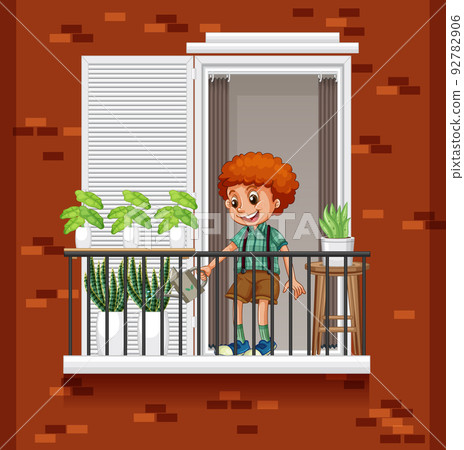 A boy watering plant on the balcony 92782906