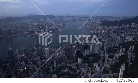 Victoria Harbour in drone point of view at night 92783603