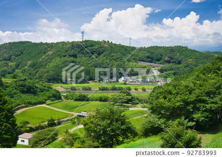 A midsummer landscape, a view of a village rich in nature, the satoyama of Oyama-cho 92783993