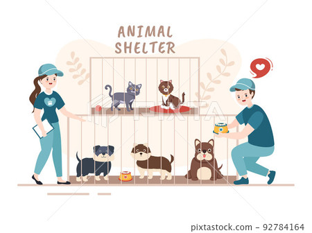 Animal Shelter Cartoon Illustration with Pets Sitting in Cages and Volunteers Feeding Animals for Adopting in Flat Hand Drawn Style Design 92784164