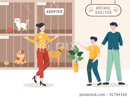 Animal Shelter Cartoon Illustration with Pets Sitting in Cages and Volunteers Feeding Animals for Adopting in Flat Hand Drawn Style Design Animal Shelter Cartoon Illustration with Pets Sitting in Cages and Volunteers Feeding Animals for Adopting in Flat Hand Drawn Style Design 92784168