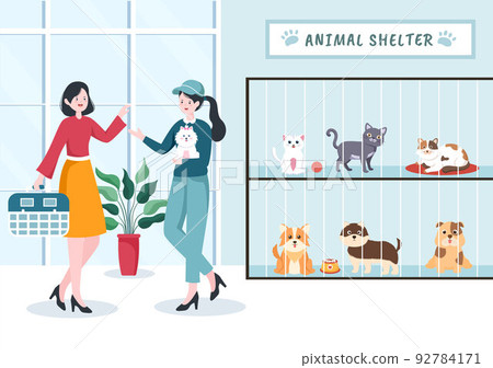 Animal Shelter Cartoon Illustration with Pets Sitting in Cages and Volunteers Feeding Animals for Adopting in Flat Hand Drawn Style Design 92784171