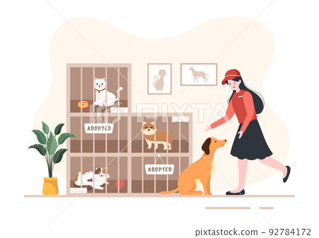 Animal Shelter Cartoon Illustration with Pets Sitting in Cages and Volunteers Feeding Animals for Adopting in Flat Hand Drawn Style Design 92784172