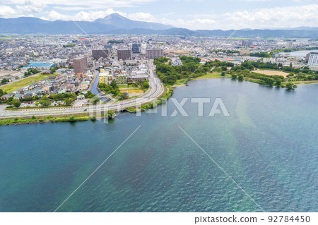 Nagahama Castle built on the shores of Lake Biwa, Nagahama City, and Mt. 92784450