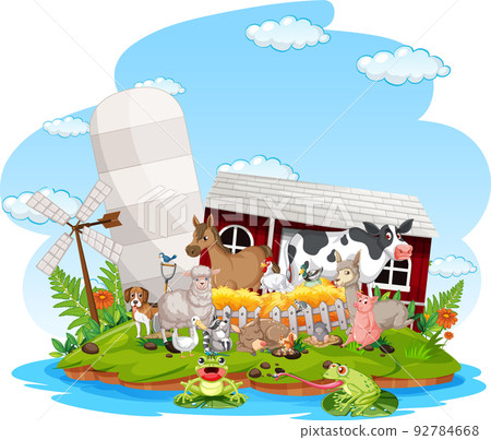 Farm scene with many animals by the barn 92784668