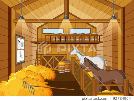Stable scene with two horses resting Stable scene with two horses resting 92784904