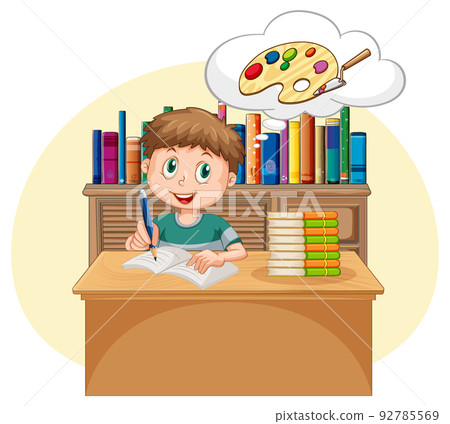 A kid doing homework with speech bubble in the library 92785569