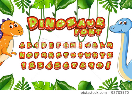 Font design for english alphabets in dinosaur character with jungle 92785570