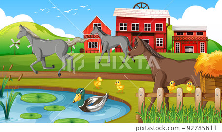 Scene with horses in the farm Scene with horses in the farm 92785611
