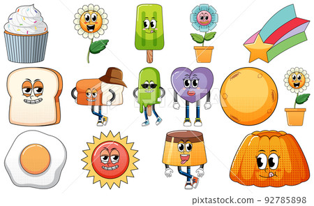 Set of facial expression with vintage style food cartoon on white background Set of facial expression with vintage style food cartoon on white background 92785898