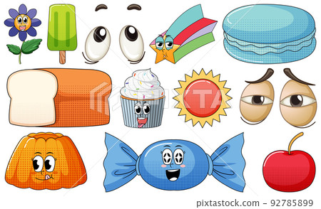 Set of facial expression with vintage style food cartoon on white background 92785899