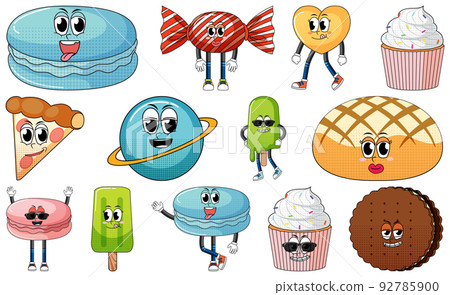 Set of facial expression with vintage style food cartoon on white background 92785900