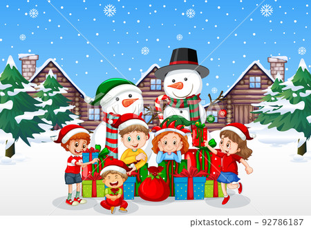 Santa Claus with friends on snowy blue background Santa Claus with friends on snowy blue background 92786187